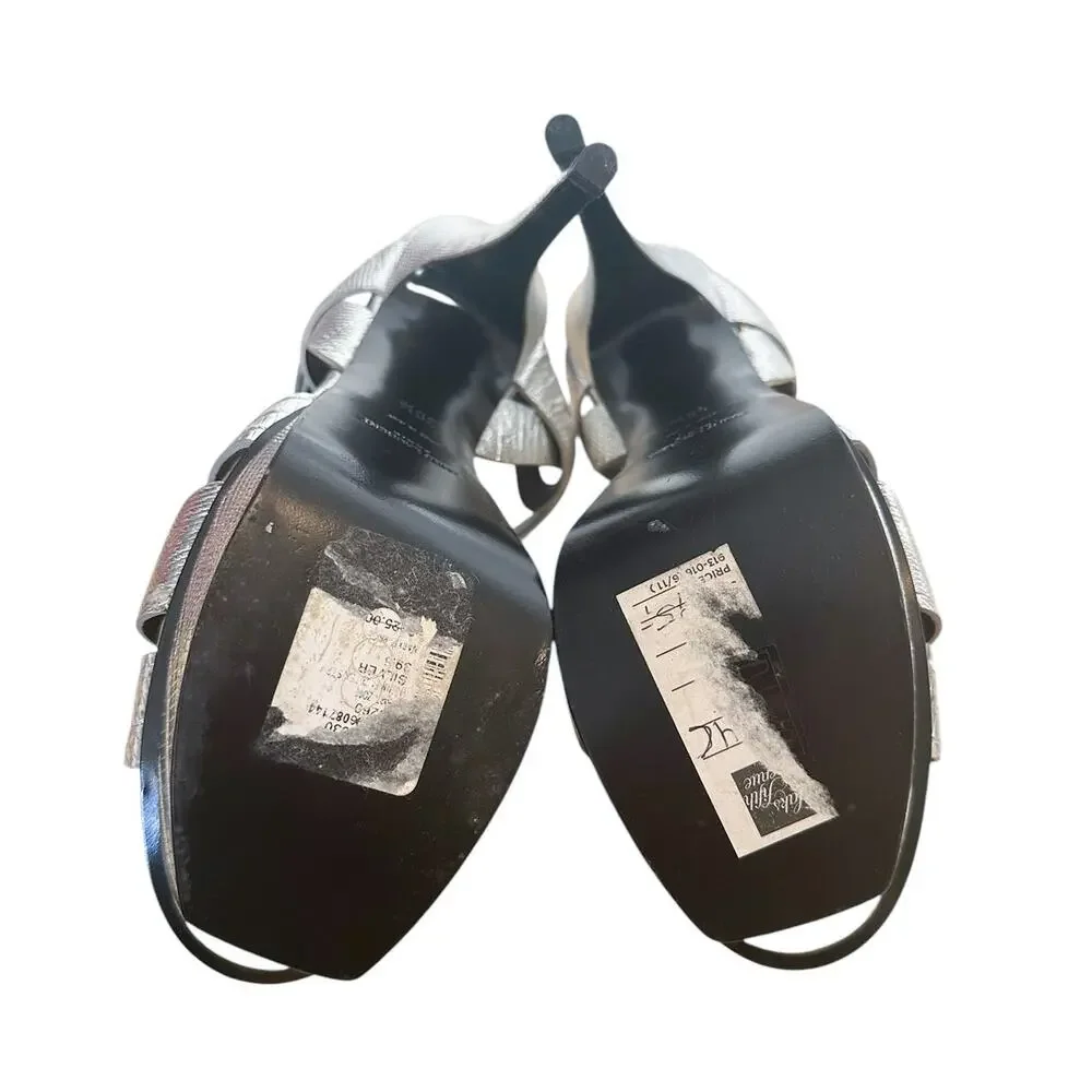 Saint Laurent Tribute Silver Embossed Leather Platform High Heel Sandals 39.5 - Picture 12 of 13